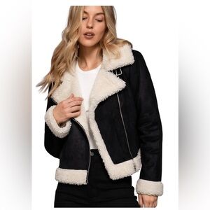 Ultra Flirt Black Faux Suede Moto Jacket with Cream Shearling